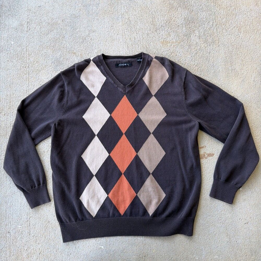 AXIST Argyle V-Neck Pullover Sweater Brown Orange Mens Size L 100% Cotton